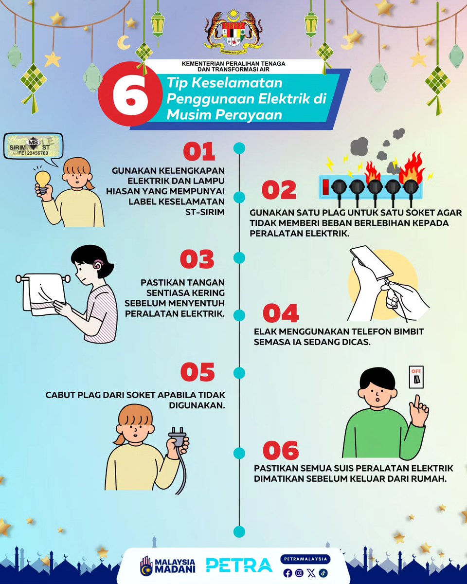 Mesti masih ramai dalam 𝒎𝒐𝒐𝒅 raya lagi kan?? Jangan lupa tip keselamatan penggunaan elektrik di musim perayaan oleh PETRA ini ye. #suruhanjayatenaga #EnergyCommission #ThinkSafetyThinkST #beenergysmart