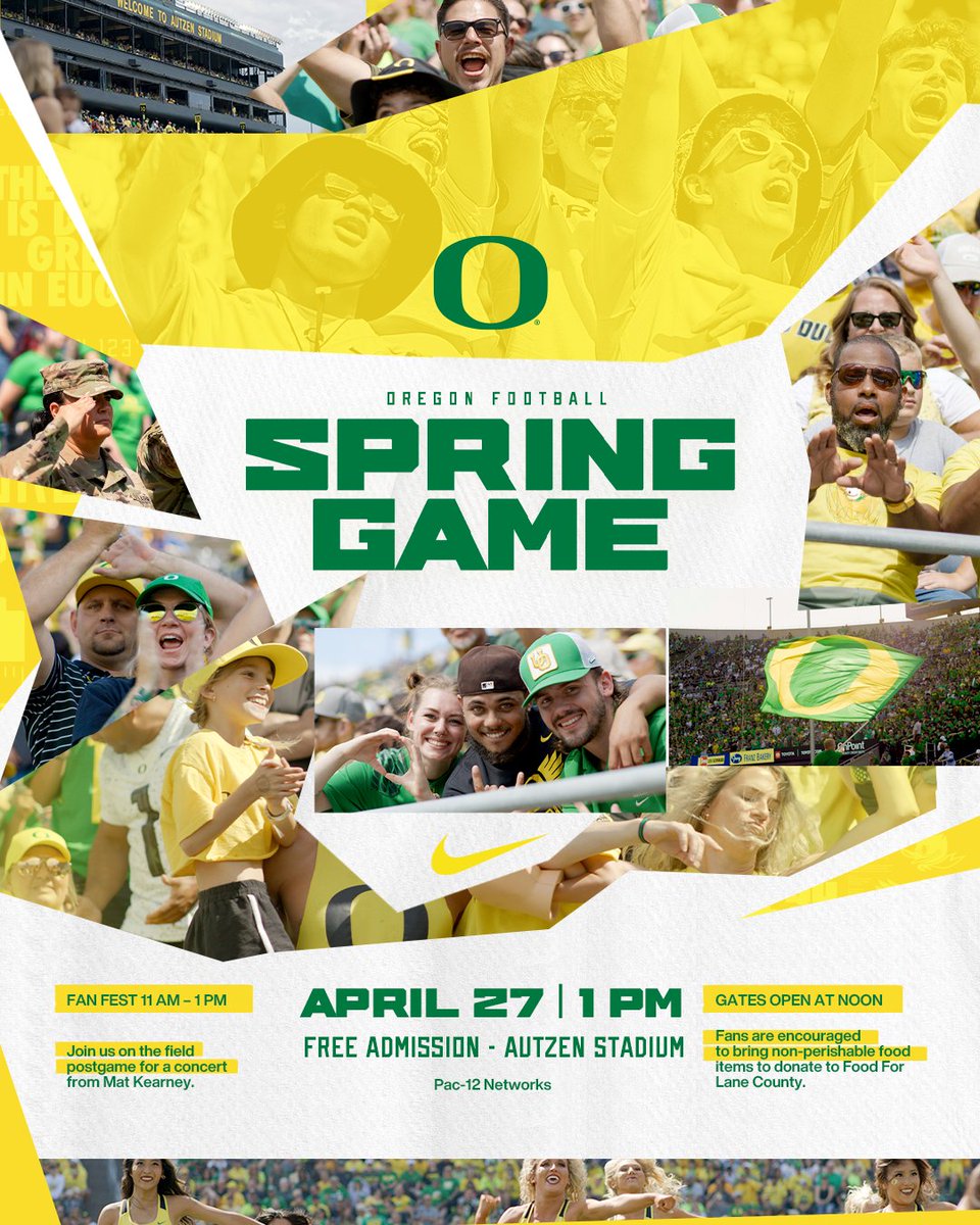 We're one week away from our annual Spring Football Game. Let's Pack Autzen! Admission is free. Fans are encouraged to bring non-perishable food items to donate to Food For Lane County. Fans preferring to donate online can visit: givegab.com/campaigns/uo-d… #GoDucks