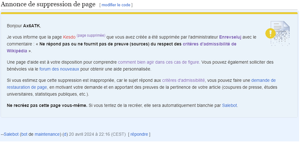 AX6ATK's tweet image. J'ai voulus faire une page Wikipédia pour Kesdo, mais @Wikipedia considère qu'il ne mérite pas de page, vous en pensez quoi?