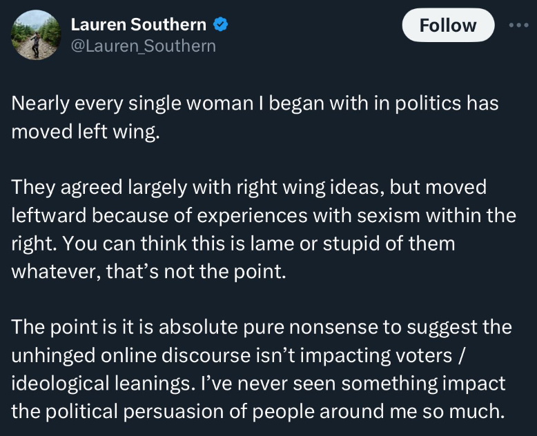 If these women 'largely agreed with right-wing ideas,' why would they be so upset about being expected to actually adhere to those ideas? The refrain is basically 'we need to appeal to the other side and compromise,' which you'd never hear from someone with sincere convictions.