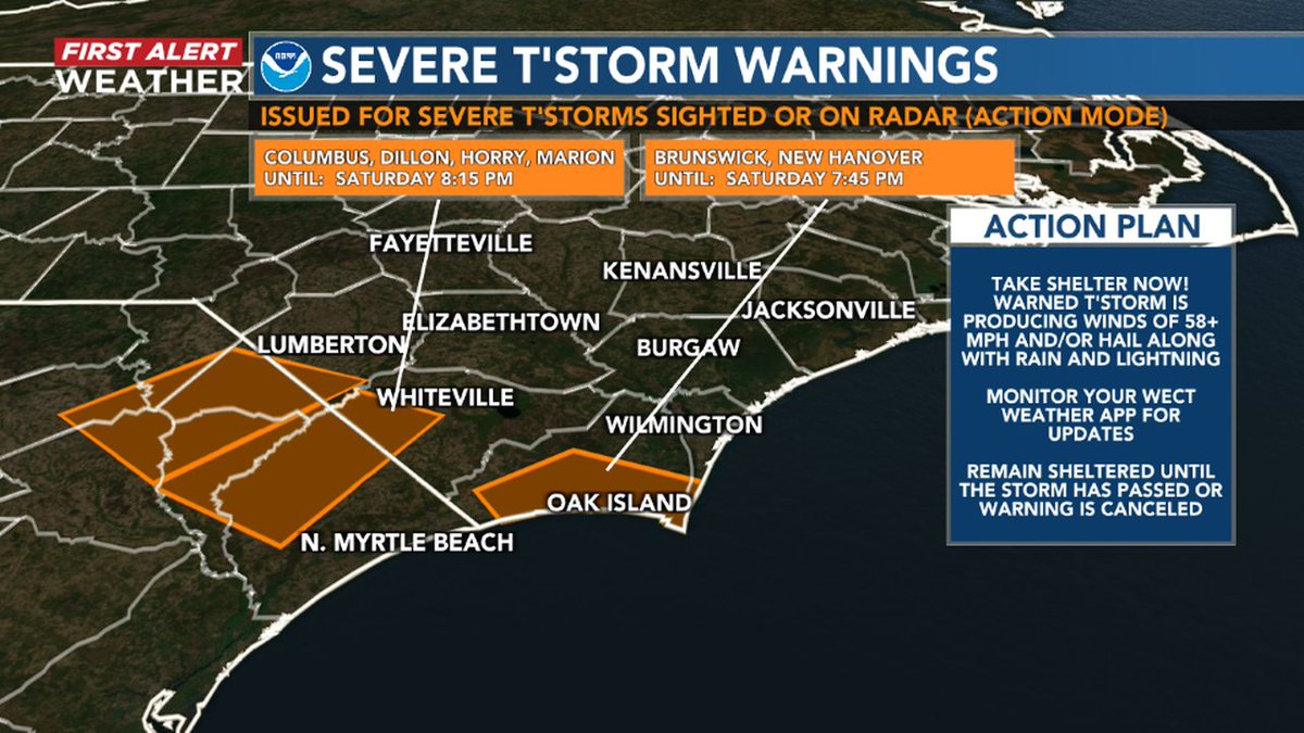 A SEVERE THUNDERSTORM WARNING has been issued for portion(s) of SE NC. Seek shelter now! Large hail and/or damaging wind is occurring or may shortly at the locations highlighted on the map.
RADAR: wect.com/weather
#WECTwx #ILMwx