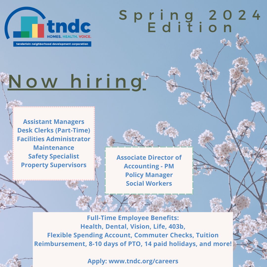 TNDC's tweet image. Please take a look at our new jobs for the Spring 2024 edition. All of our jobs can be found on our Careers page at tndc.org/careers.

#newjobs #policywork #socialwork #propertymanagement #affordablehousing