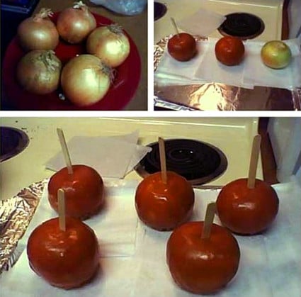 Office Prank (good for Halloween). Coat onions in caramel and add a popsicle stick. 😂