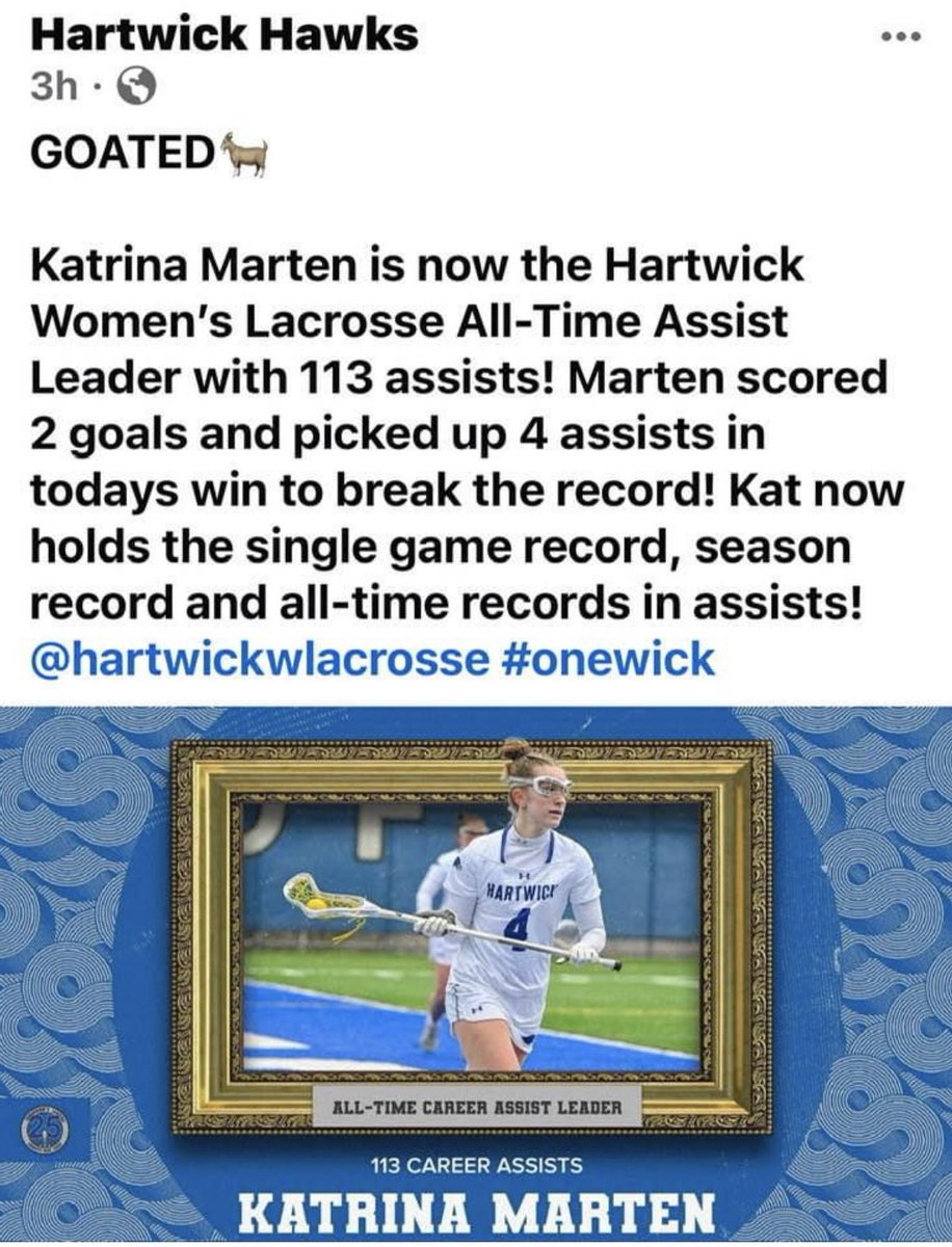 Whitman Alum Katrina Marten setting records at Hartwick. Congrats Kat!!!