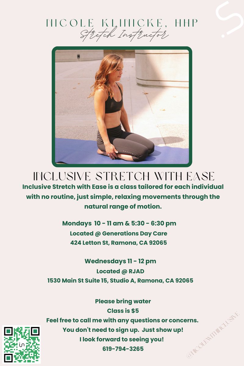 Happy to Announce! 
Evening Inclusive Stretch with Ease class is happening! 
Mark your Calendars - Starting Monday, April 29th, from 5:30 - 6:30 pm!
#StretchwithEase #InclusiveLifeStyle #BeKind #BePresent #BeInclusive