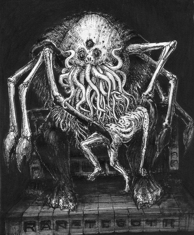 💀Fully ten feet high a shambling monstrosity of unbelievable horror started towards a Cyclopean ivory throne. In the central pair of its six legs it bore a crushed, flattened, distorted, bloodless thing, riddled with a million punctures🎨Brad Smith💀#HPLovecraft #Mythos #Horror