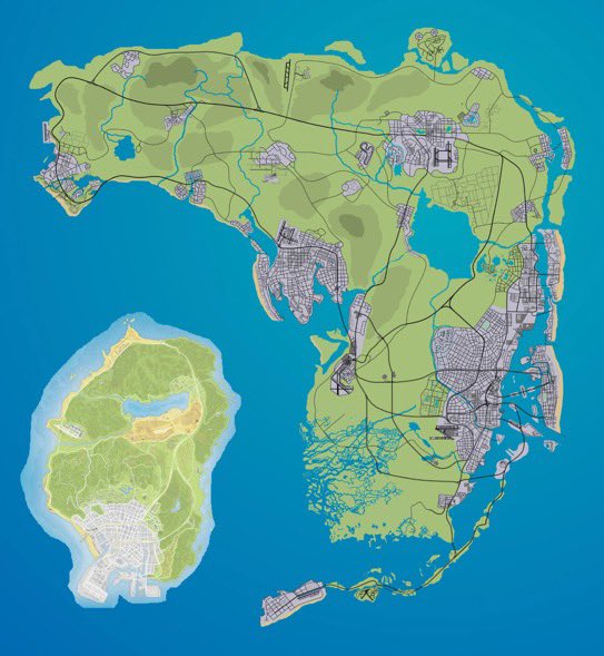 Alvar_Rager's tweet photo. NEW GTA6 Map/Speculation.I think it looks good but I have a feeling we are going to have much bigger cities then what we see in this map🌴🌊🦩🌇🌃🍸✈️🐎 #GTA #GTA6 #GTAVI https://t.co/sfD6Cvq2AJ