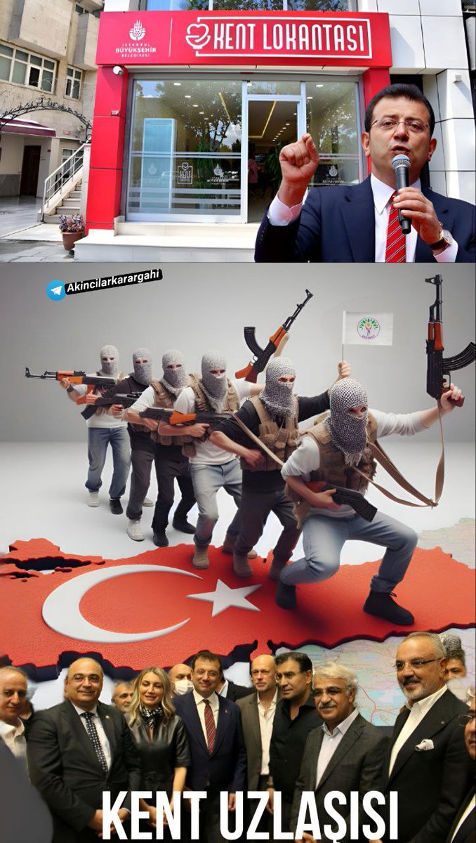 " KENT LOKANTASInda 40 liraya verilen yemek için, 40 yıllık terör örgütüyle KENT UZLAŞISI nikahı kıyıp şehirlerimizi teslim ettiler. "⚠️⚠️⚠️             
Kravatlı teröristler ile aynı sofraya oturmanın faturasını hep beraber göreceğiz.