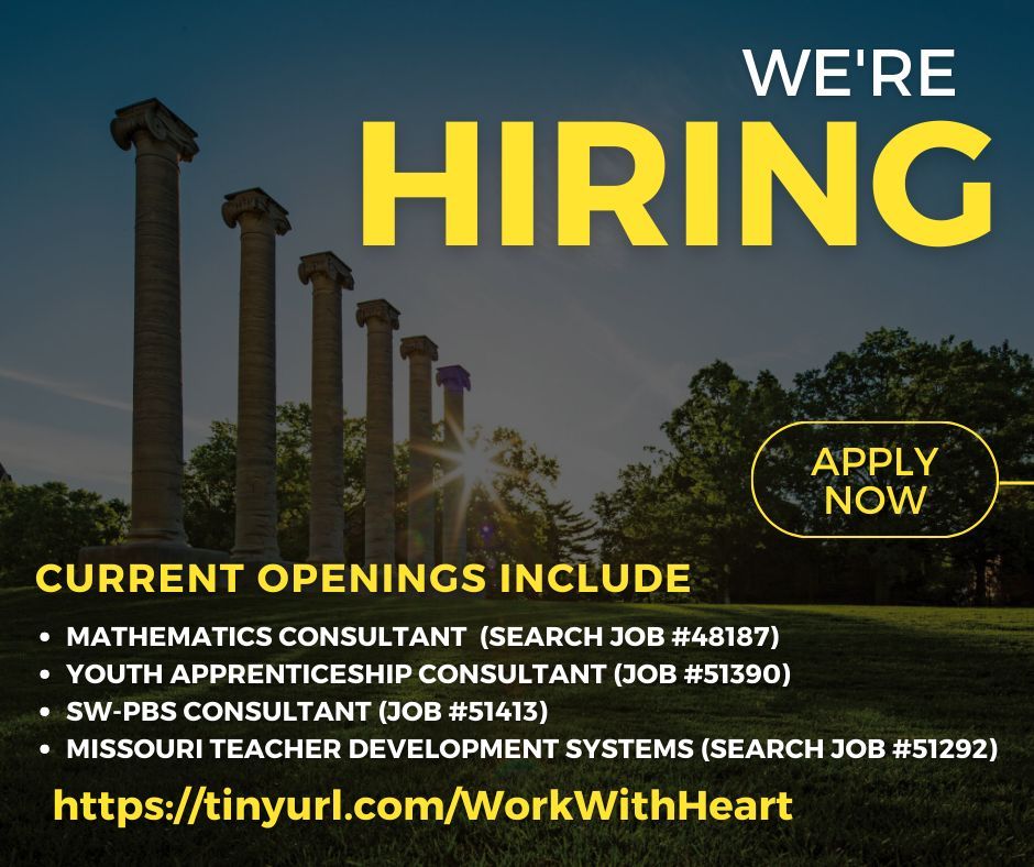 The Heart of Missouri RPDC is seeking applicants for the following positions: - Math Consultant (#48187) - MTDS Consultant (#5129) - Youth Apprenticeship Consultant (#51390) - SW-PBS Consultant (#51413) Search by job number and apply online HERE -> buff.ly/3JqspLE