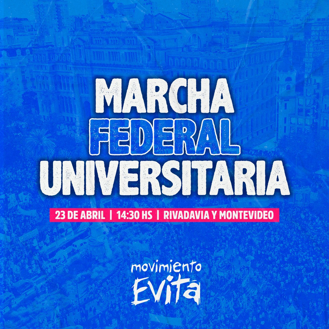 MARTES 23 MARCHA FEDERAL EN DEFENSA DE LA UNIVERSIDAD PUBLICA El martes 23 de abril estaremos acompañando en distintos puntos del país la marcha federal en defensa de la Universidad Pública. ¡Sumate a marchar con nosotros! 📍Rivadavia y Montevideo 14:30 hs