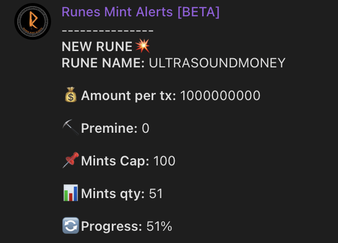 AlertBrc20's tweet image. Last runes mint alerts from bot 🤖

🔥 ULTRASOUNDMONEY alert at 51% minted
🔥 BAKED•BITCOINS alert at 42% minted
🔥 INU•NI•MAKEMASEN alert at 32% minted