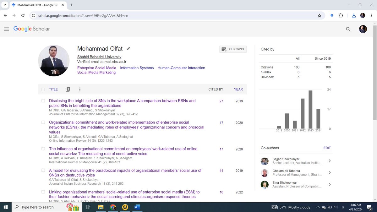 Mohammad_Olfa1's tweet image. #ExtremelyHappy: The number of my citations  on #GoogleScholar reached 100! 🥳🚀

Link to my profile: scholar.google.com/citations?user…

Fingers crossed for more academic reputation!😁🤞🙌

@AcademicChatter 
@PhDVoice 
@thephdstory 
#AcademicTwitter