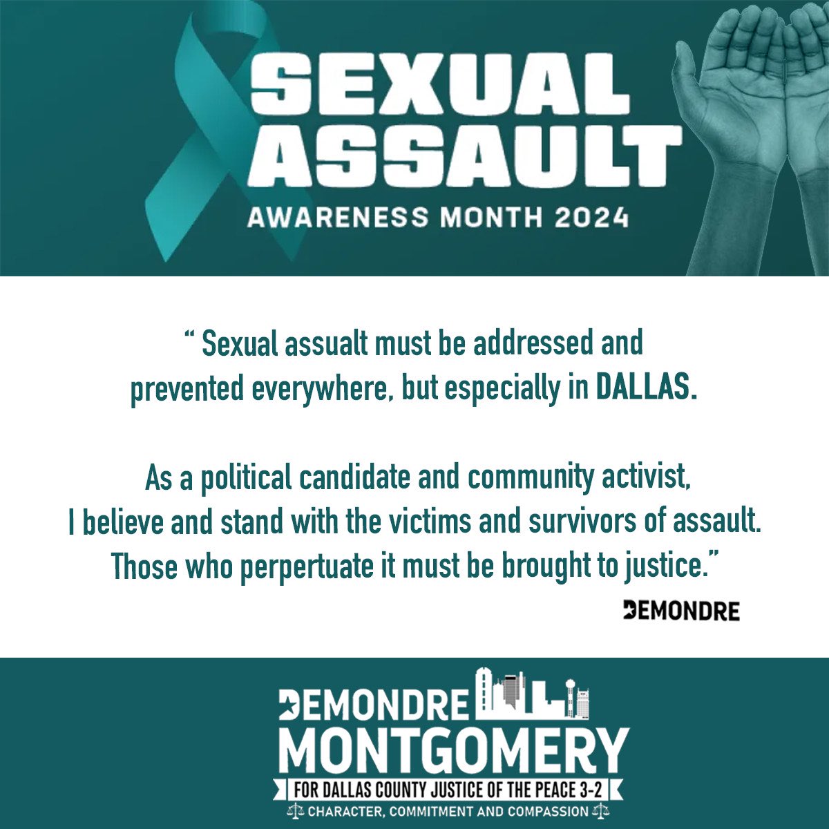 honorabledree's tweet photo. Standing in solidarity for Sexual Assault Awareness Month. Together, we can raise awareness, support survivors, and work towards creating safer communities for all. Let's continue the conversation and take action to end sexual assault. #SAAM #DeMondreStandsWithSurvivors https://t.co/BdJljcu74b