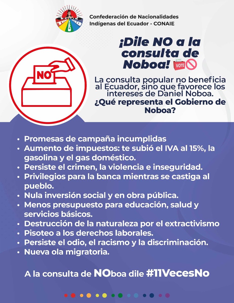 ¡Dile NO a la consulta de Noboa! 🗳️🚫
La #ConsultaPopular2024 no beneficia al Ecuador, sino que favorece los intereses de Daniel Noboa. 

A la consulta de Noboa dile #11VecesNo. 

#ReferendumYConsulta2024 
#DanielNoboa 
#Ecuador