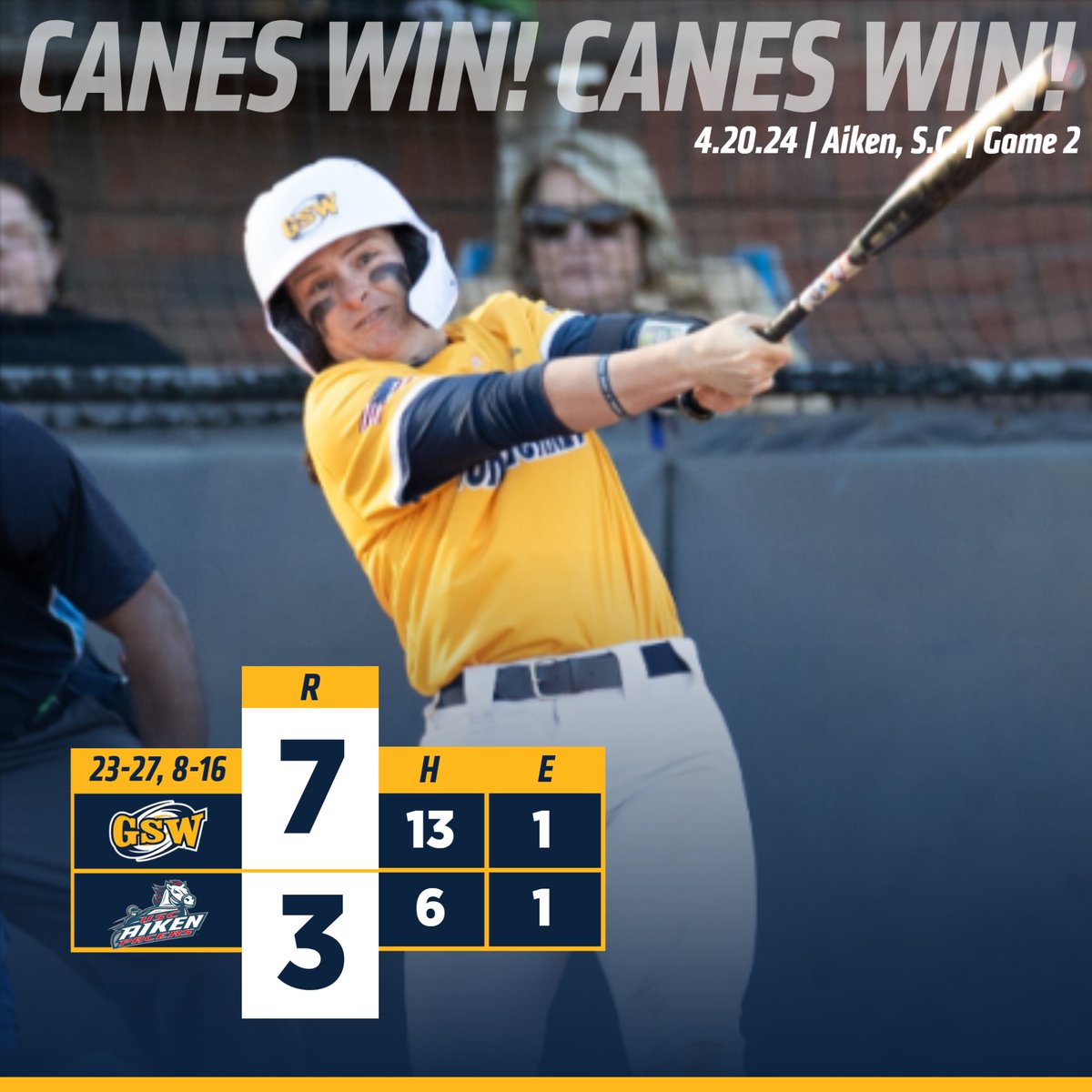 CANES WIN! CANES SWEEP 🧹 @_GSWSoftball closed out the regular season with a doubleheader sweep at USC Aiken today! Gm 1 Savana Bradford - 7 IP, 0 R, 4 K Gm 2 Graceanne Spears - 8 IP, 0 ER, 11 K Ashlyn Rogers - HR, 2 RBI Izzy Marcotte - 2 hits, 2 RBI Kimmy Singer - 2 hits, RBI