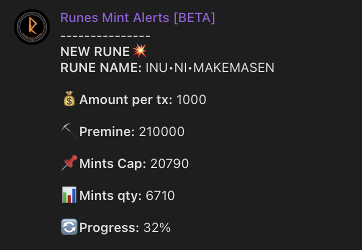 AlertBrc20's tweet image. Last runes mint alerts from bot 🤖

🔥 ULTRASOUNDMONEY alert at 51% minted
🔥 BAKED•BITCOINS alert at 42% minted
🔥 INU•NI•MAKEMASEN alert at 32% minted