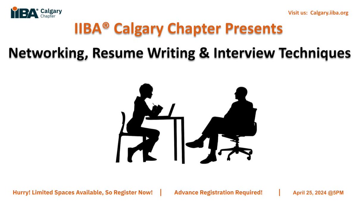 IIBA_Calgary's tweet photo. How confident are you with your resume and self promotion? This week's upcoming event can help! Register now! https://t.co/q0M51FMSnL

Please check your email for the April Newsletter and Member discount code.
Email commadmin@calgary.iiba.org for help getting the code. https://t.co/TlZNatWmZn
