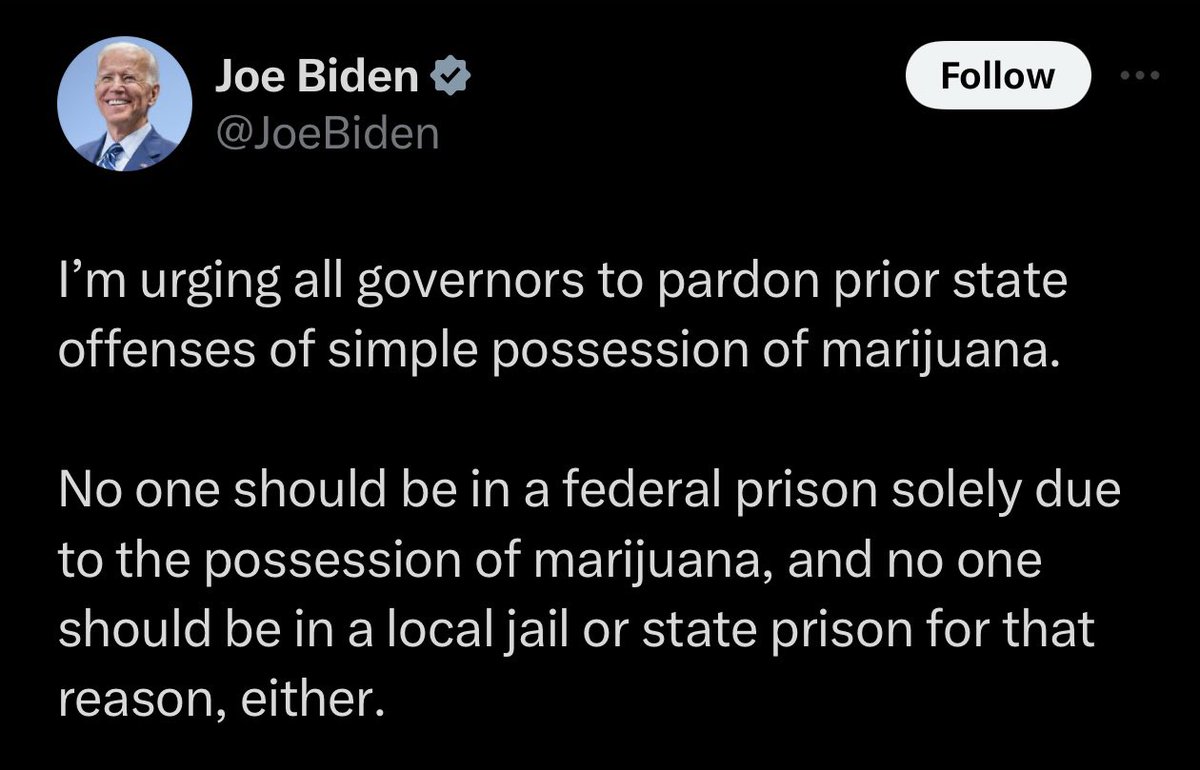 1. He CREATED and pushed this legislation in 1990.

2. He’s not saying he’d decriminalize on the federal level if president. It’s still Schedule 1 like heroin. 

3. He AND his VP made a career out of these cases. 

4. He dangles cannabis decrim and student loan debt relief every
