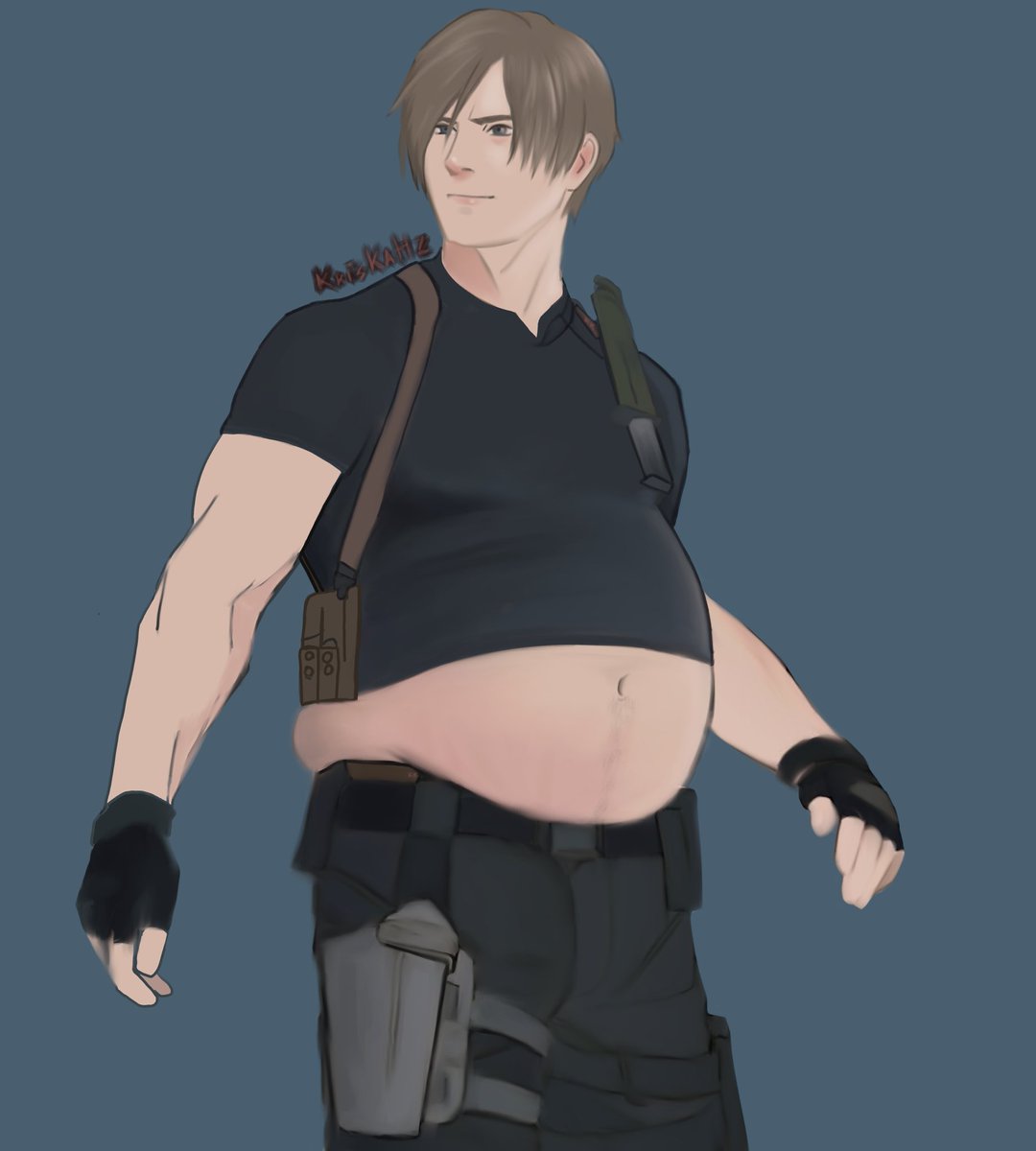 I like video games and you? Here's another drawing I made today, Leon Fat S Kennedy #ResidentEvil4Remake #leonskennedy #leonskennedyfat #fatbelly #gaybelly #feederism #bigbear #bigbellyman #gayner #weightgain #grommr