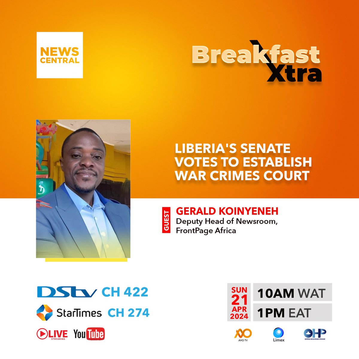 It’s really an honor to serve as a guest on Nigeria-based television channel <a href="/NewsCentralTV/">News Central TV</a> this Sunday at 10AM Nigeria Time (9AM Liberia Time). Kindly tune in on DSTV Channel 422 to watch the show. <a href="/FPAfrica/">FrontPageAfrica</a>