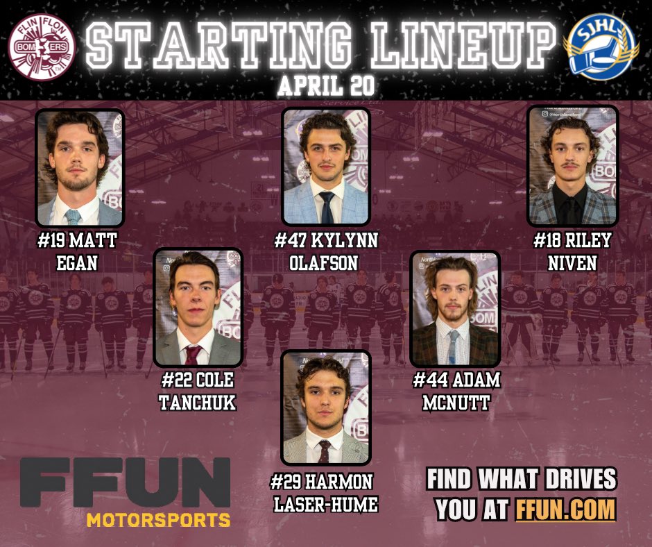 The starters tonight for Game 2! Powered by FFUN Motor Sports #SJHL #FlinFlonBombers