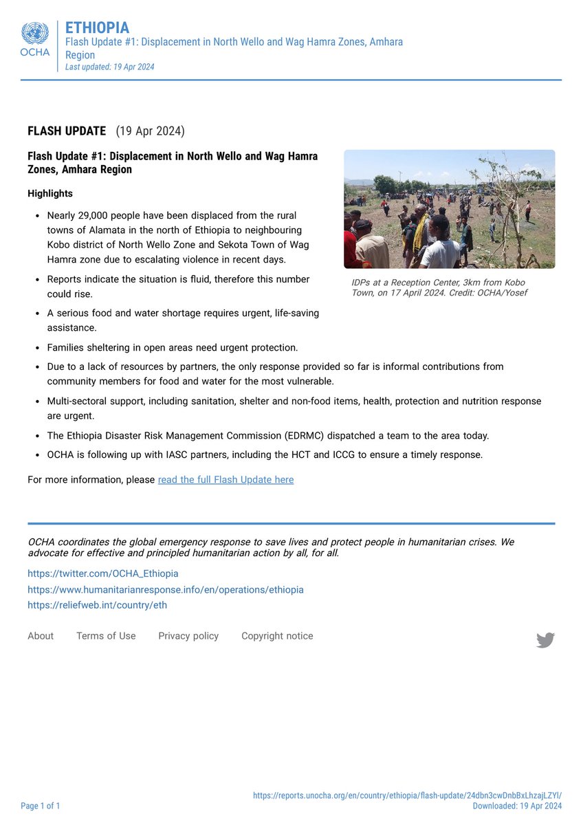 According to @OCHA_Ethiopia, in the last week, 'Nearly 29,000 people have been displaced from the rural towns of Alamata in the north of Ethiopia to neighbouring Kobo district of North Wello Zone and Sekota Town of Wag Hamra zone due to escalating violence in recent days.'