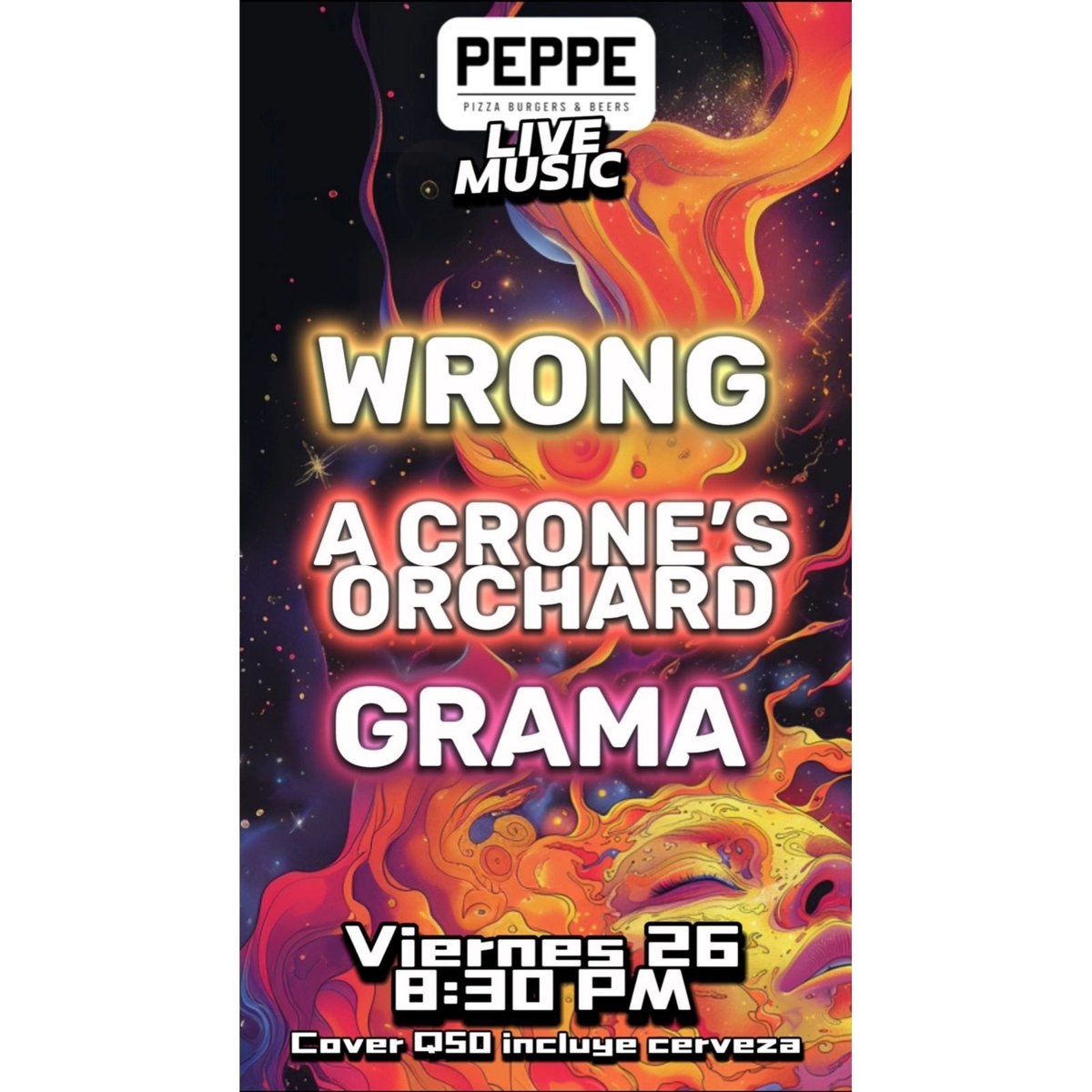 El próximo viernes 26 de abril estamos en Peppe Pizza, Burgers &amp; Beers para hacer algo de música junto a los hermanos de A Crones Orchard y Grama. Empezamos 8:30 PM. Allí nos vemos las caras bandita. No falten.
