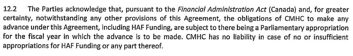 @KirkLubimov Nobody seems to have noticed that the HAF contract DOESN'T promise to pay ALL the annual $57M payments EVEN IF @cityofcalgary Council fulfills ALL commitments.

@CMHC_ca gives themselves an out to NOT pay even if Calgary does everything asked.

Most lopsided contract/bribe ever!