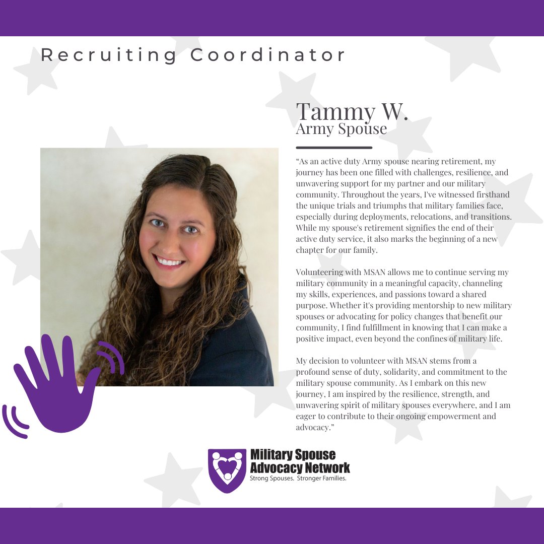 Let's welcome Tammy W. as our new Recruiting Coordinator. We are so excited to have you apart of the team. To learn more about volunteering with MSAN - > militaryspouseadvocacynetwork.org/our-volunteers #MSAN #MilitarySpouse #ArmySpouse #Volunteer #Milso #MSANHub #MilitaryLife