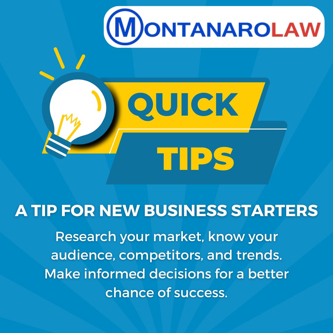 Montanarolaw specializes in business start-ups. Start your business with us today - we're only one call away! #BusinessStartups #MarketResearch #BusinessSuccess #StartupTips #MontanaroLaw #BusinessLaw #TipOfTheDay

(516)809-7735
montanarolaw.com
info@montanarolaw.com