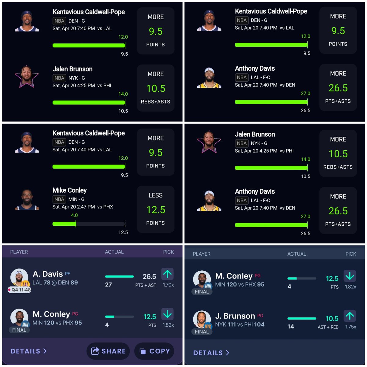 Mattplayerprops's tweet photo. $100 to someone who LIKES+RT's this

DUBCLUB CLEAN SWEEP🧹🧹🧹+𝟭𝟴.𝟮𝟳𝗨
Jonathan Isaac O22.45 fantasy ✅
Mike Conley U12.5 points ✅
Jalen Brunson O10.5 rebs+asts ✅
Anthony Davis O26.5 pts+asts ✅
Caldwell-Pope O9.5 points ✅
JOIN THE FUN FOR FREE ⬇️
https://t.co/OkNKUKuLQX

An absolute masterclass to start the playoffs, 5-0 🔥

If you haven't joined, I'd suggest to do so now if you're serious about making money long term in sports betting. Well on our way for our 10th consecutive profitable month 🚀

#NBAPlayoffs #GamblingTwitter #Prizepicks