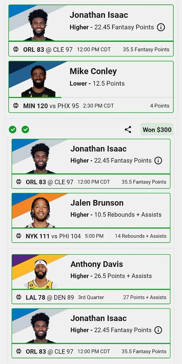 $100 to someone who LIKES+RT's this DUBCLUB CLEAN SWEEP🧹🧹🧹+𝟭𝟴.𝟮𝟳𝗨 Jonathan Isaac O22.45 fantasy ✅ Mike Conley U12.5 points ✅ Jalen Brunson O10.5 rebs+asts ✅ Anthony Davis O26.5 pts+asts ✅ Caldwell-Pope O9.5 points ✅ JOIN THE FUN FOR FREE ⬇️ dubclub.win/r/p/pri-juu79/…