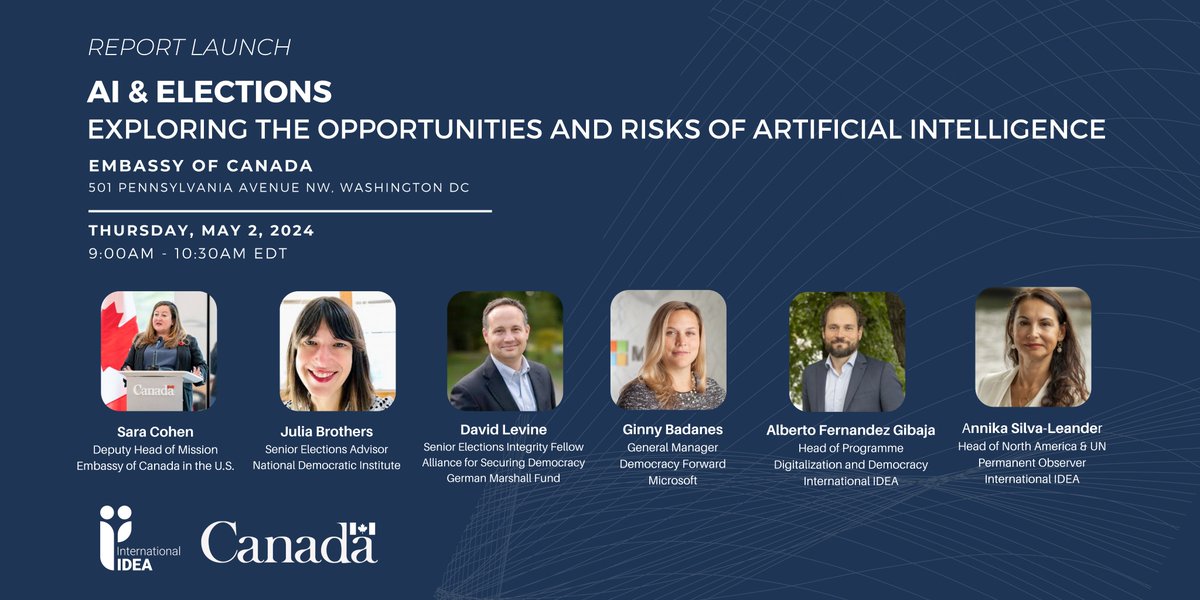 From predictive analytics to online advertising, #AI is reshaping electoral landscapes worldwide. Join @Int_IDEA and @CanEmbUSA for a timely conversation on the future of #AI and elections from 9:00-10:30 EDT on Thursday, May 2nd. For more information ➡️ idea.int/events/ai-elec…