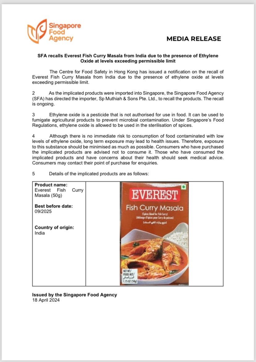 Below is the press release by Singapore Food Agency about Everest Masala & MDH Masala unfit for consumption. FDA India should study it immediately and ban it till detailed study is done & approved. @narendramodi @AmitShah @PMOIndia @HMOIndia