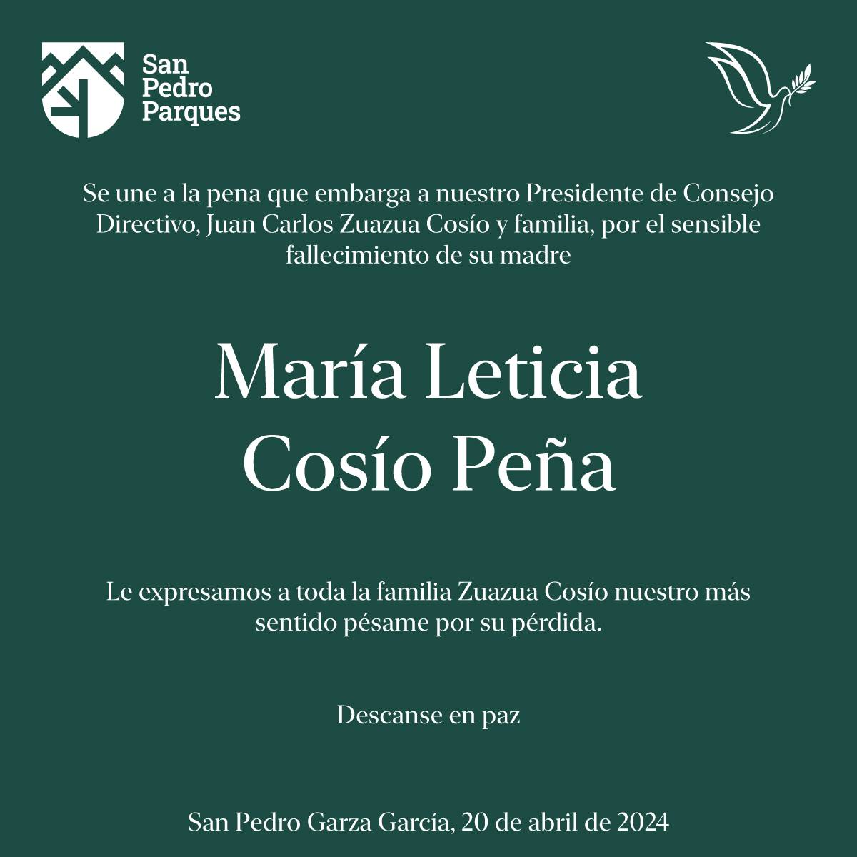 sanpedroparques's tweet photo. Expresamos nuestro más sentido pésame a nuestro Presidente de Consejo, Juan Carlos Zuazua Cosío (@JCZuazua) y su familia, deseándoles pronta resignación y consuelo. https://t.co/cWo3xeg3ac