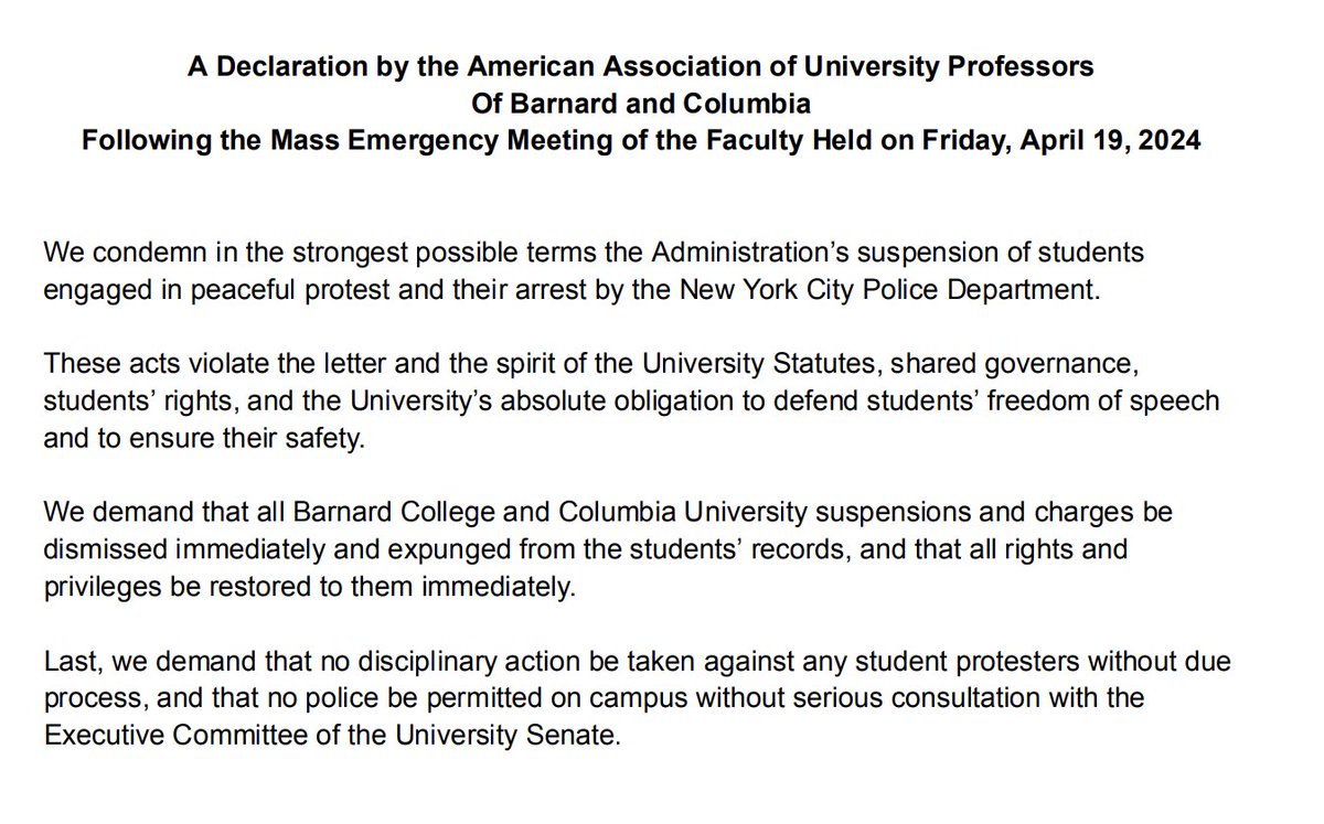 And here we go: 

'We demand that all Barnard College and Columbia University suspensions and charges be dismissed immediately'

- Statement by @AAUP of @BarnardCollege and @Columbia

H/T @laurakurgan