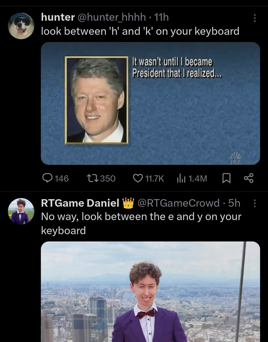A screenshot of two "look between these keys on your keyboard" tweets on my timeline