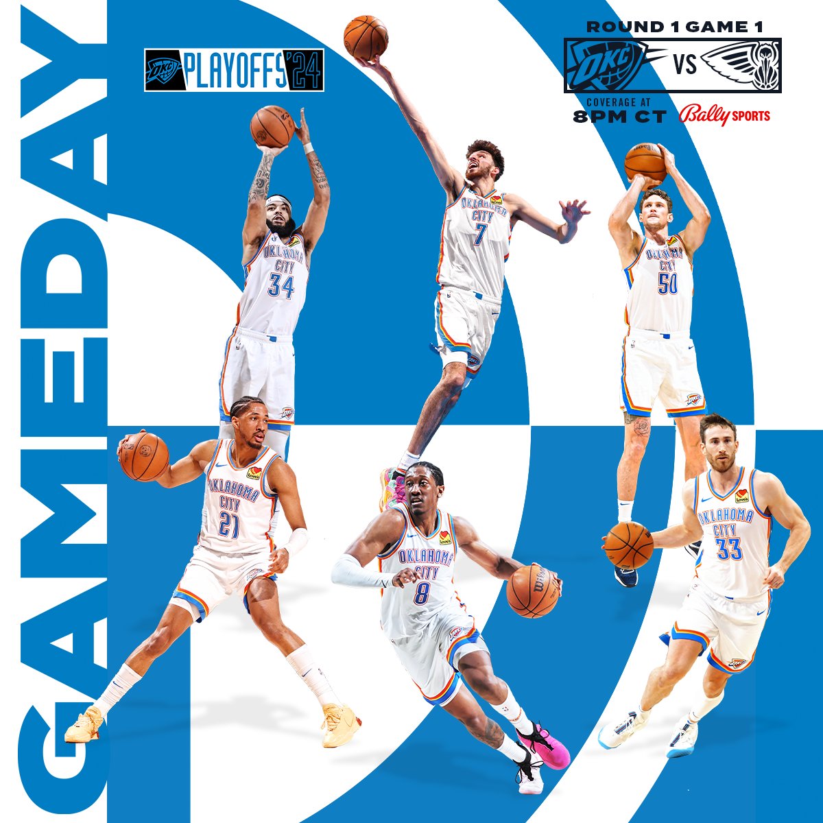 okcthunder's tweet photo. Playoff Basketball returns tonight in OKC ⚡️

🆚 @PelicansNBA 
🏠 @PaycomCenter 
⏰ Coverage begins at 8PM CT
🎟️ https://t.co/nUkVC6V5N6
📺 @BallySportsOK 
📻 @sportsanimal 

#ThunderUp https://t.co/67Ht09QXOt