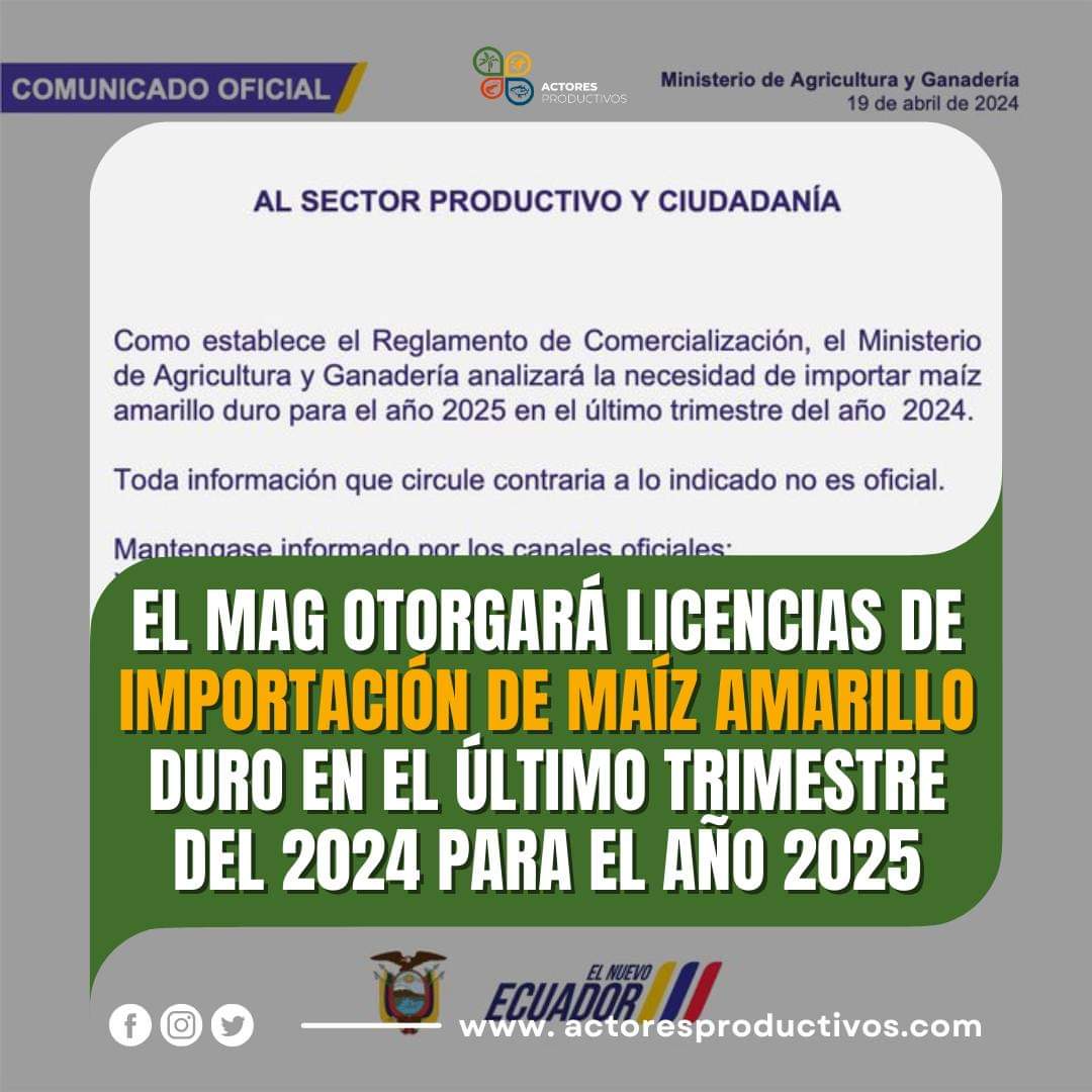 En su cuenta de X <a href="/AgriculturaEc/">Agricultura, Ganadería y Pesca Ecuador 🇪🇨</a> emitió un #Comunicado informando a la ciudadanía que se otorgarán licencias de importación de #maízamarilloduro en el último trimestre del 2024 para el año 2025
También indicó que toda información contraria a lo indicado, que circule NO ES OFICIAL