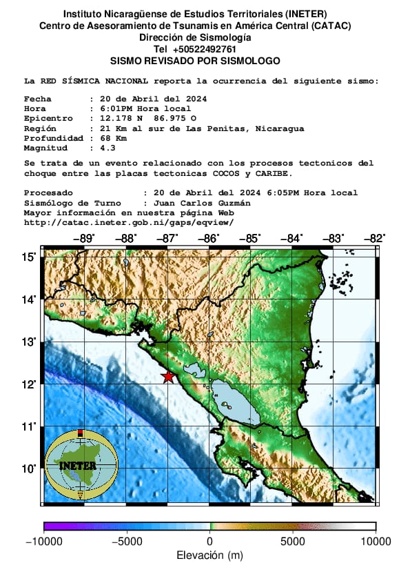 #Sismo de magnitud 4.3, se registró a 68 km de profundidad, a eso de las 06:01 de la tarde, de este sábado 20 de abril, a 21 kilómetros al Sur de Las Peñitas, Nicaragua.