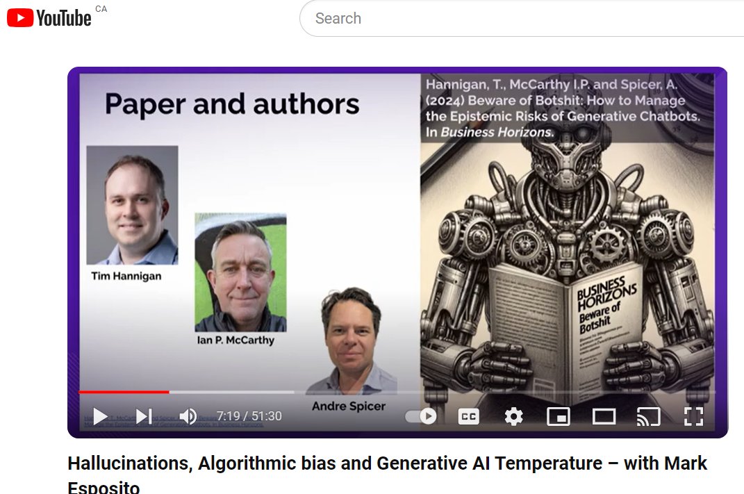 A video of the seminar 'Hallucinations, Algorithmic Bias and Generative AI Temperature' by @Exp_Mark for @BrightlineOrg. It presents some interesting demos of the hallucinatory 'temperature' of LLMs. youtu.be/VMhw4R0gnhk?si… cc @thannigan and @andre_spicer