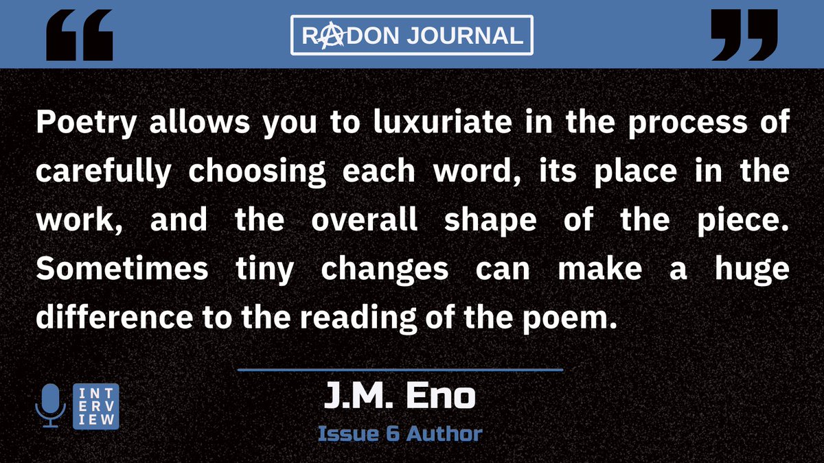 Our penultimate interview for issue 6 features
<a href="/jmenowrites/">J. M. Eno</a>

Read: radonjournal.com/interviews

J.M. explains why most stories end up in outer space, switching gears to poetry, getting into the creative headspace, finding the perfect title, and the stubbornness of bulldogs &amp; toddlers