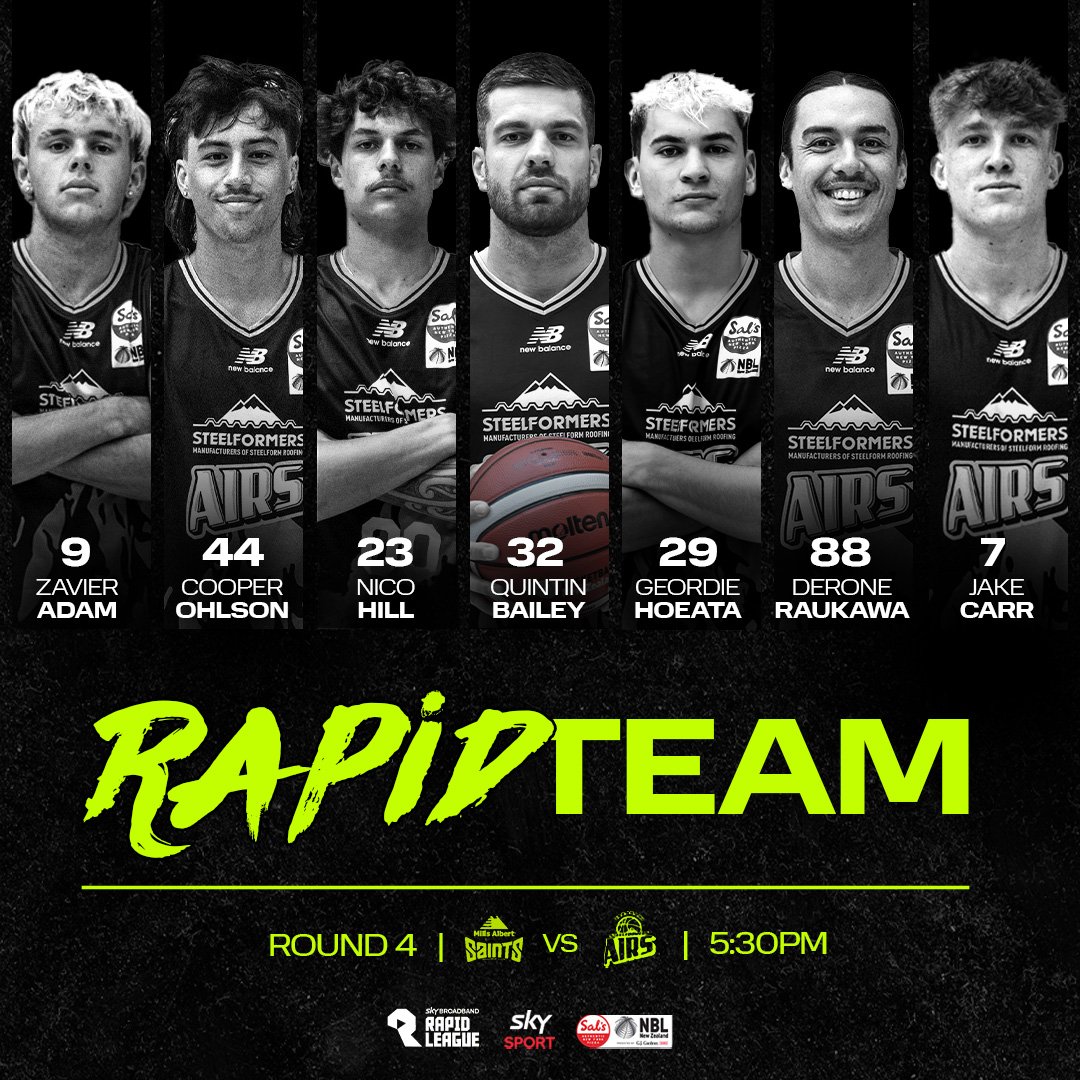 The Magnificent 7 for our Rapid League game vs @saintswgtn.

We're in the Capital tonight so need our fans to cheer extra loud.

Tip off 5:30pm NZST, 3:30pm AEST

Entertainment, Excitement, Energy - catch every game LIVE on @skysportnz

#TaranakiAirs #YourTeam #RapidLeague