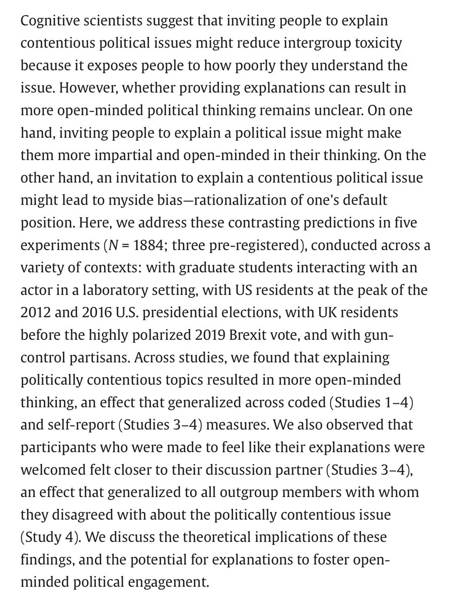 “Across studies, we found that explaining politically contentious topics resulted in more open-minded thinking.” doi.org/10.1016/j.cogn…