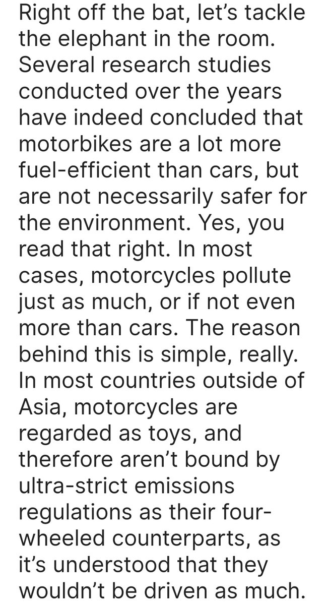 So why aren't motorcycle emissions better regulated?

In most countries outside Asia, motorcycles are seen as toys & thus aren’t bound by the same emissions regs as their 4-wheeled counterparts, as it’s blvd they won’t be driven as much.

Hah. Fooled em.
3
#FredericksburgVA #Fxbg