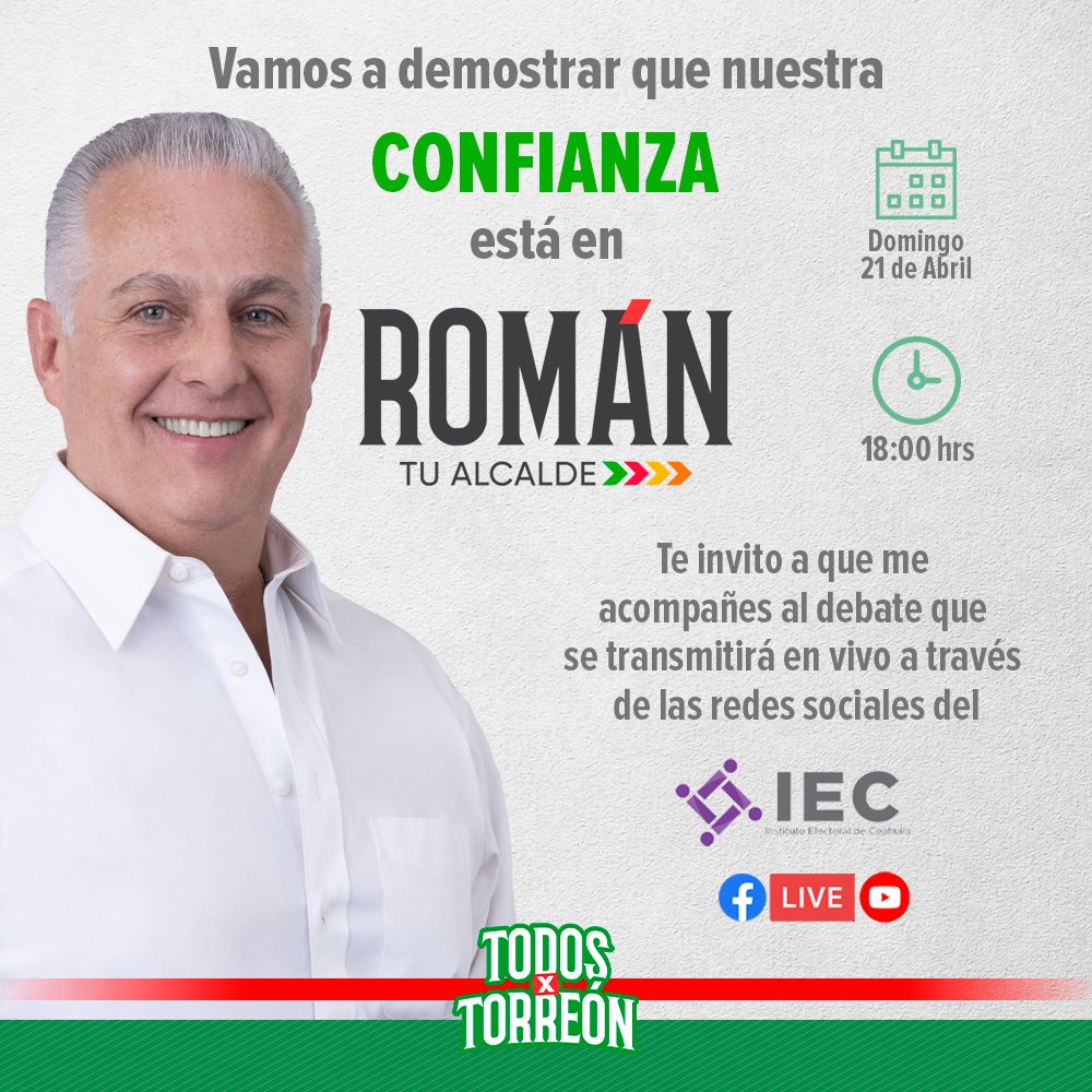 RomanCepeda's tweet photo. Me dará mucho gusto que me acompañes mañana en la transmisión del debate, a través del Facebook y YouTube del Instituto Electoral de Coahuila. 

Con tu confianza, ¡vamos a ganar el debate! 👊🏻

#TodosXTorreón
#RománSeQueda https://t.co/Oo280eQXpp