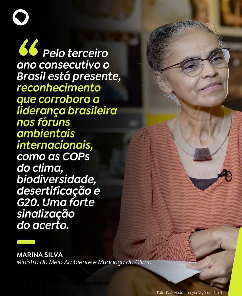 A ministra do Meio Ambiente e Mudanças Climáticas, Marina Silva, foi eleita pela revista 'Time' como uma das 100 pessoas mais influentes de 2024. Parabéns para nossa Ministra do Meio Ambiente e Mudanças Climáticas, @MarinaSilva. 👏👏👏💚