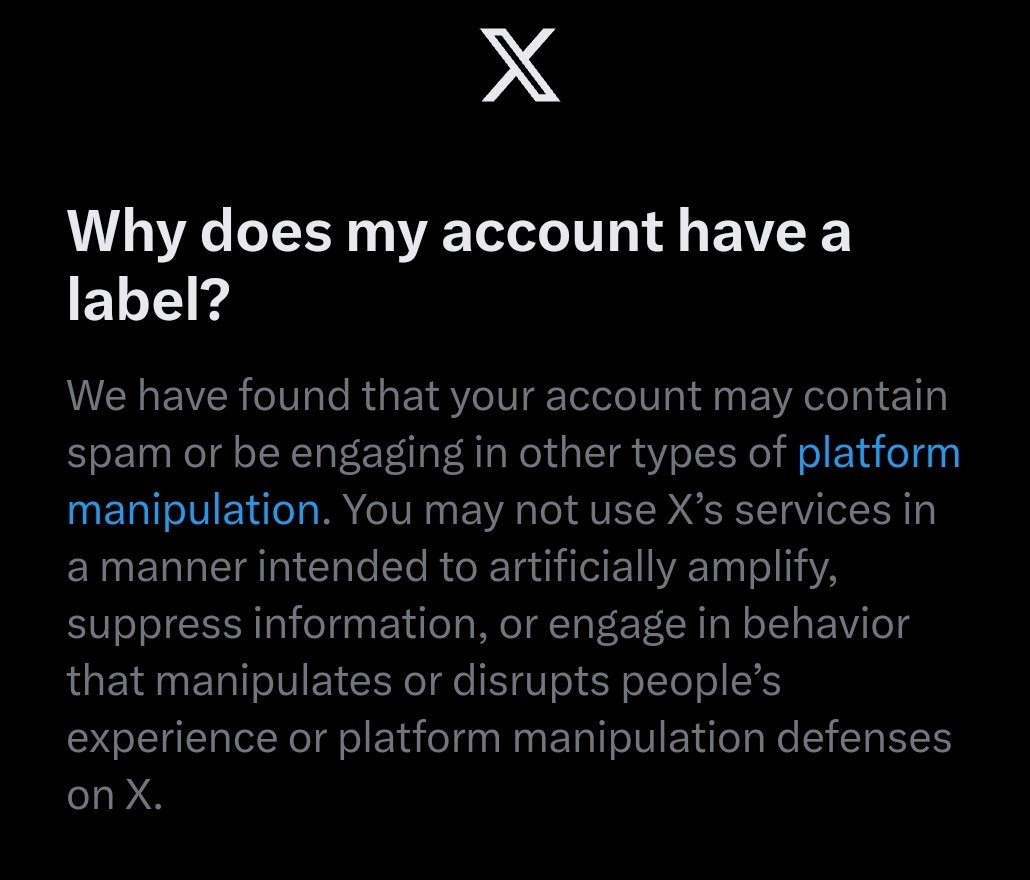 // God forbid I try to use this dogshit website lol. Apparently just having an account is suspicious activity. The rules linked specify "artificially increasing your account's reach" (I've done nothing of the sort lmao) as if you can't pay Twitter money to do exactly that