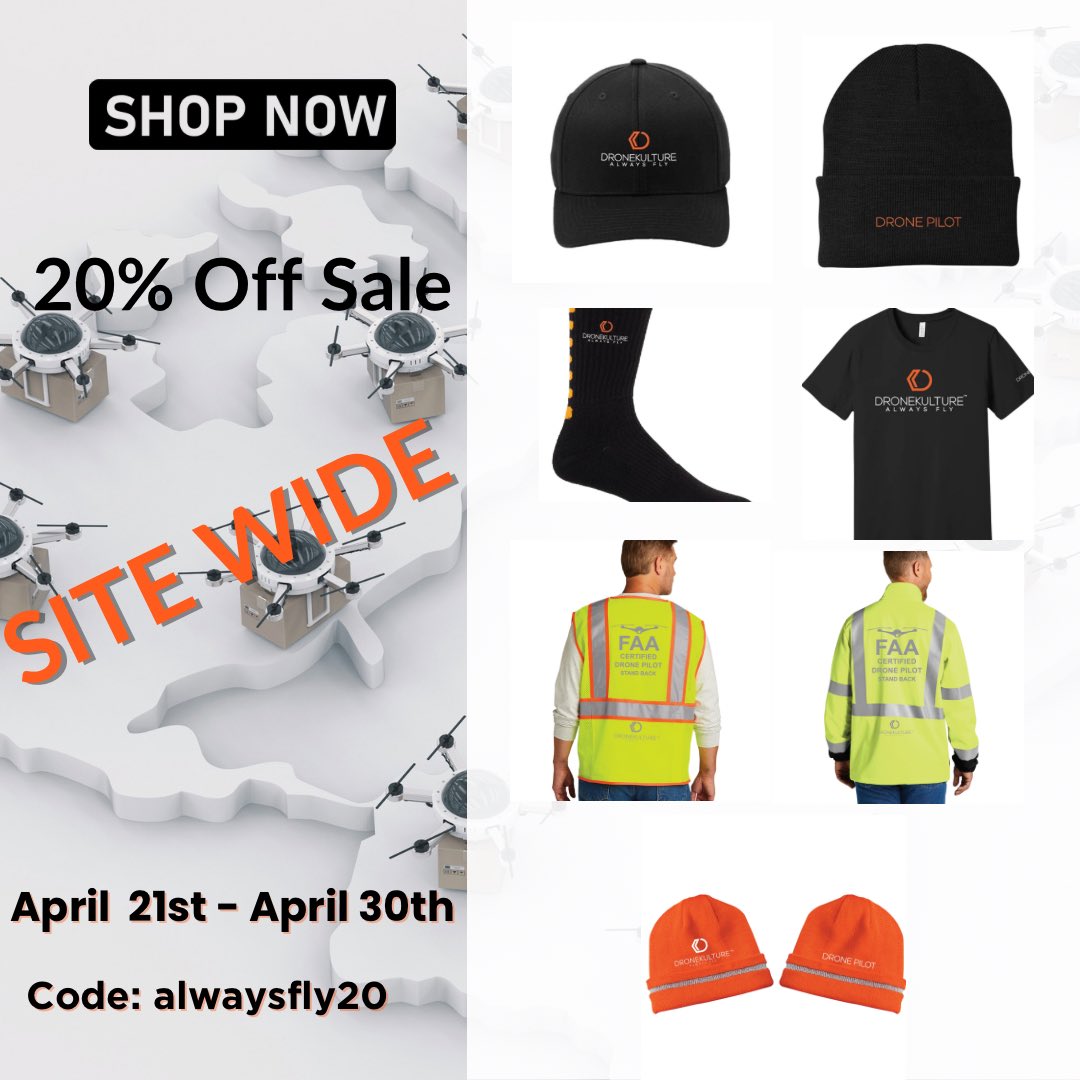 Our Spring Site Wide Sale is here! All merchandise 20% off. Time 2 fly with your Dronekulture merch: hats, beanies, hoodies, tees, socks & more! Starts 4/21/24. Link in bio! 😎 
#springsale #dronepilot #dronegear #drones #merch #tshirt #hoodies #caps #beanies #safetywear #part107