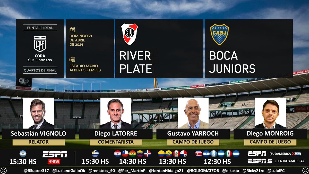 ⚽ #CopaDeLaLiga | #River vs. #Boca 🎙 Relator: @PolloVignolo 🎙 Comentarista: @dflatorre 🎙 Campo de juego: @GustavoYarroch y @MonroigDiego 📺 #ESPNPremium 🇦🇷 📺 #ESPN Sur (❌🇦🇷) // #ESPN5 Centro 💻📱 @StarPlusLA (❌🇦🇷) 🤳 #ESPNenStarPlus - #PackFútbol - #Superclásico Dale RT 🔃